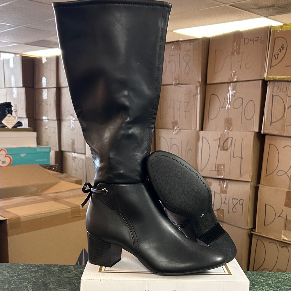 Charter Club Black Mid-Calf Block Heel Boots with Bow Accent